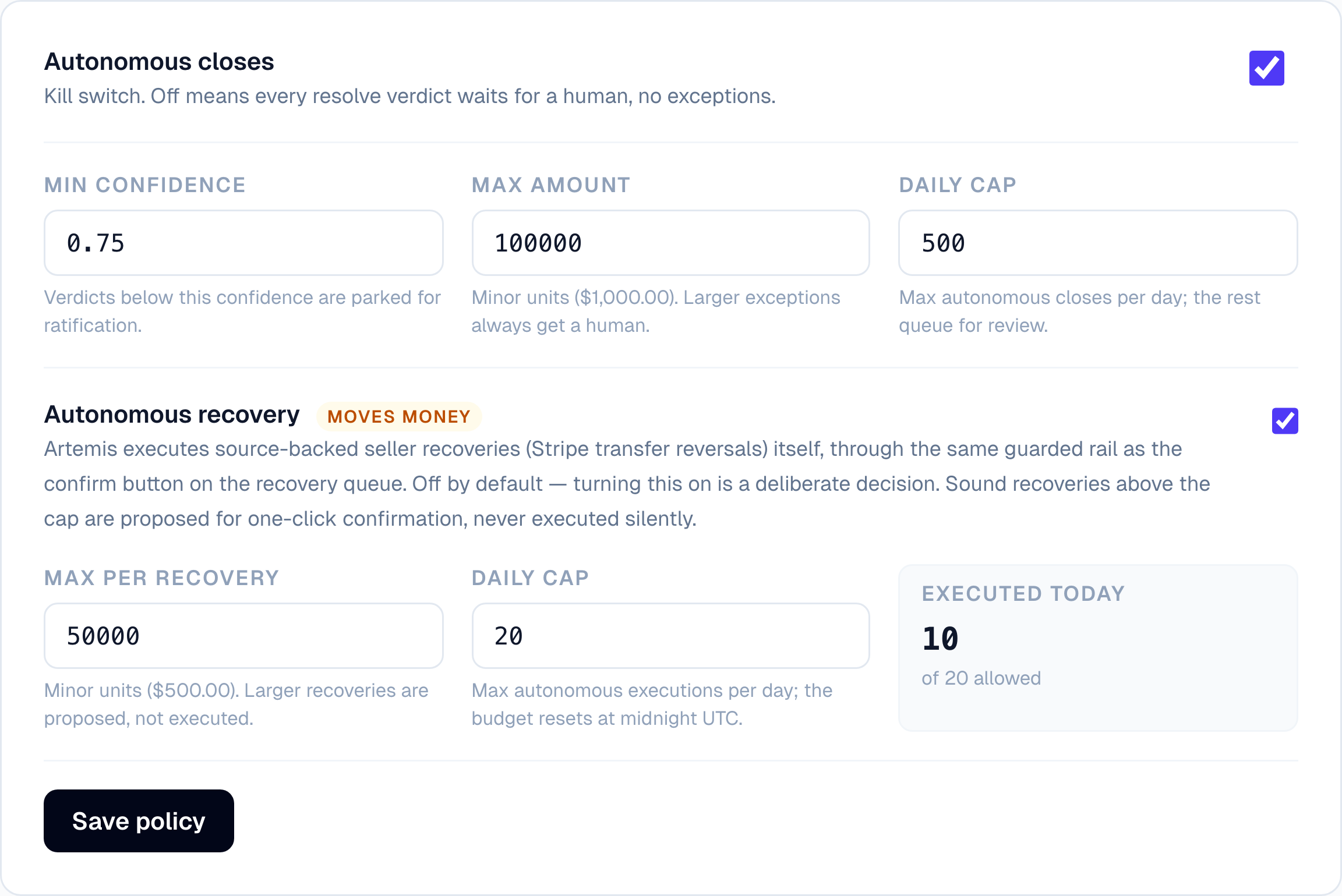 Talvo close policy: autonomous closes and money-moving recovery bounds with kill switch and executed-today counter